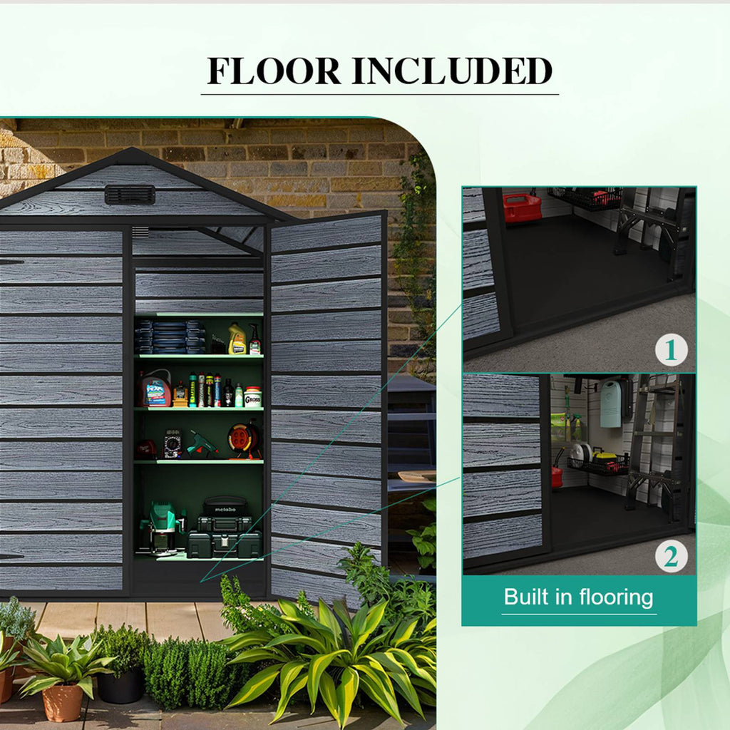 BIRCHTREE Plastic Garden Shed Wood Grain With Windows Grey