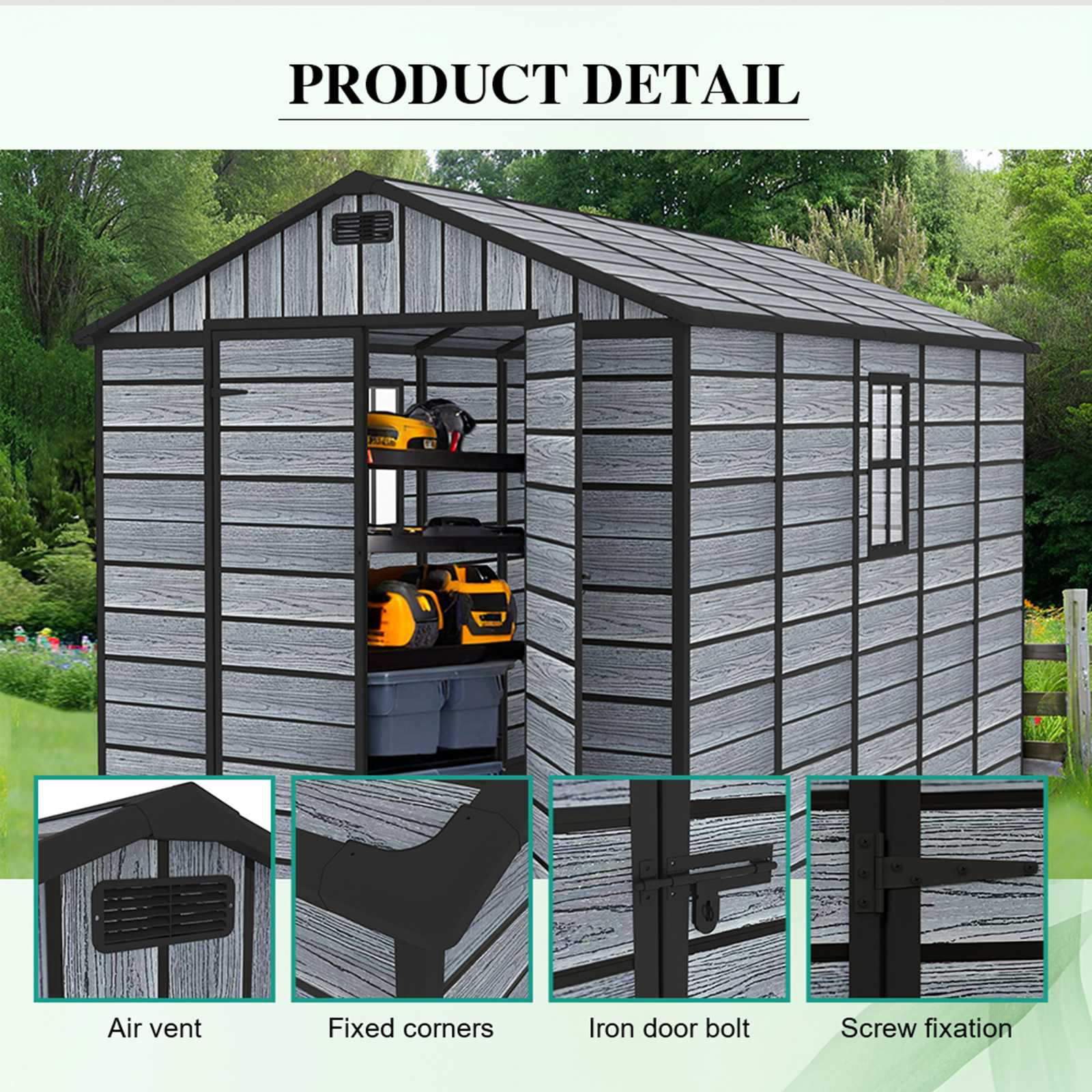 BIRCHTREE Plastic Garden Shed Wood Grain With Windows Grey