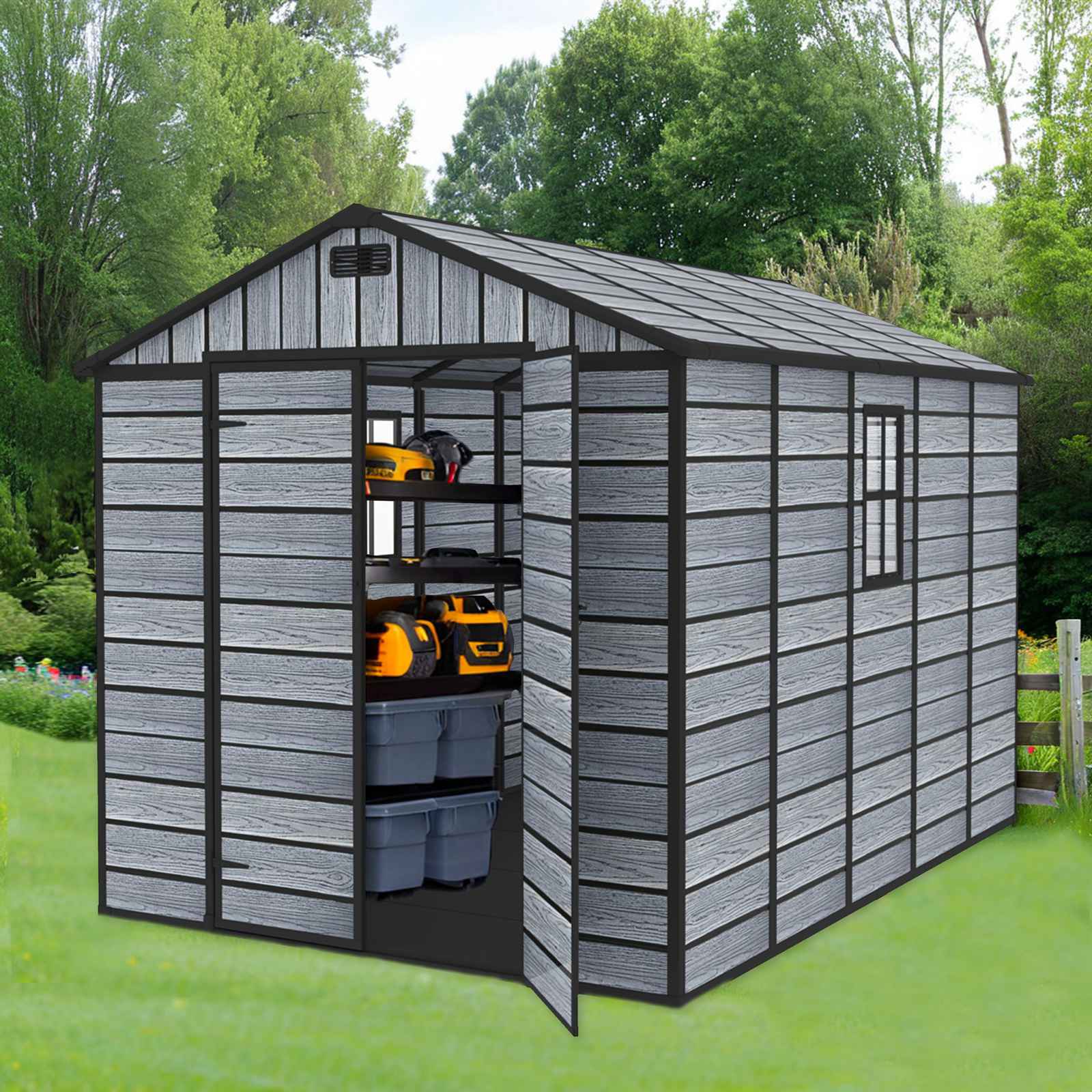 BIRCHTREE Plastic Garden Shed Wood Grain With Windows Grey