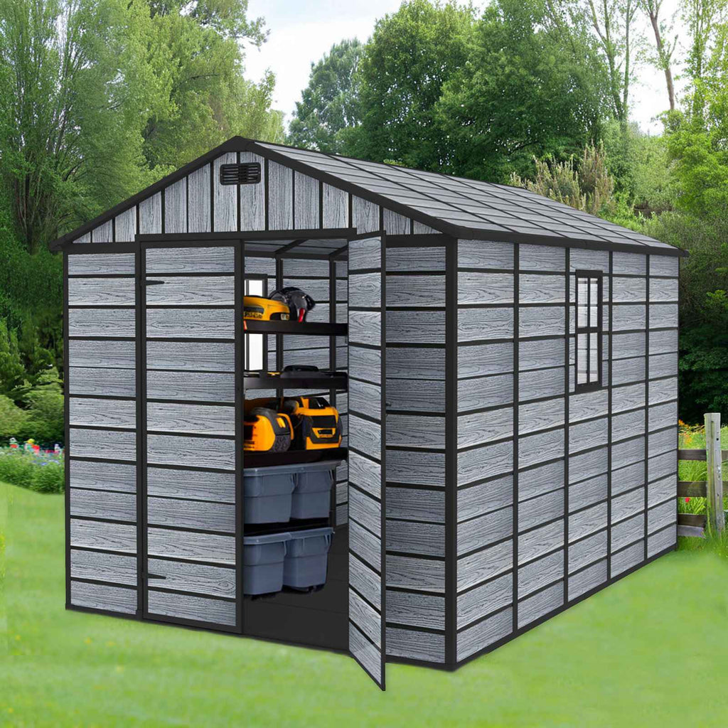 BIRCHTREE Plastic Garden Shed Wood Grain With Windows Grey