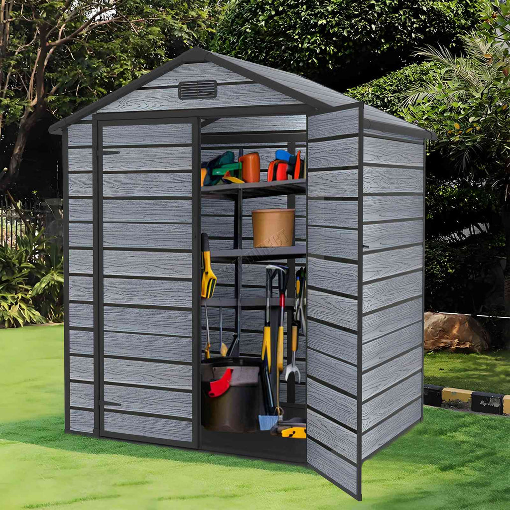 BIRCHTREE Plastic Garden Shed Wood Grain With Windows Grey