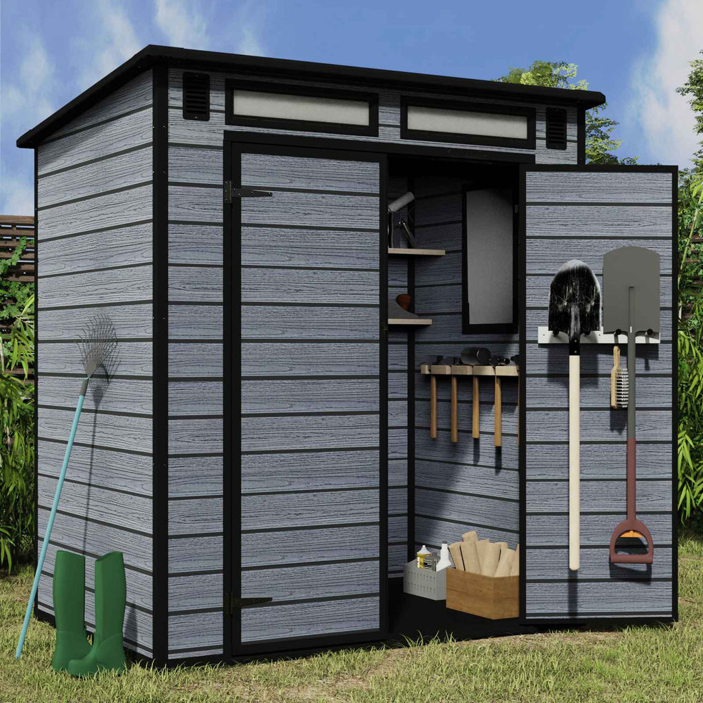 BIRCHTREE Plastic Garden Shed Wood Grain With Windows Grey