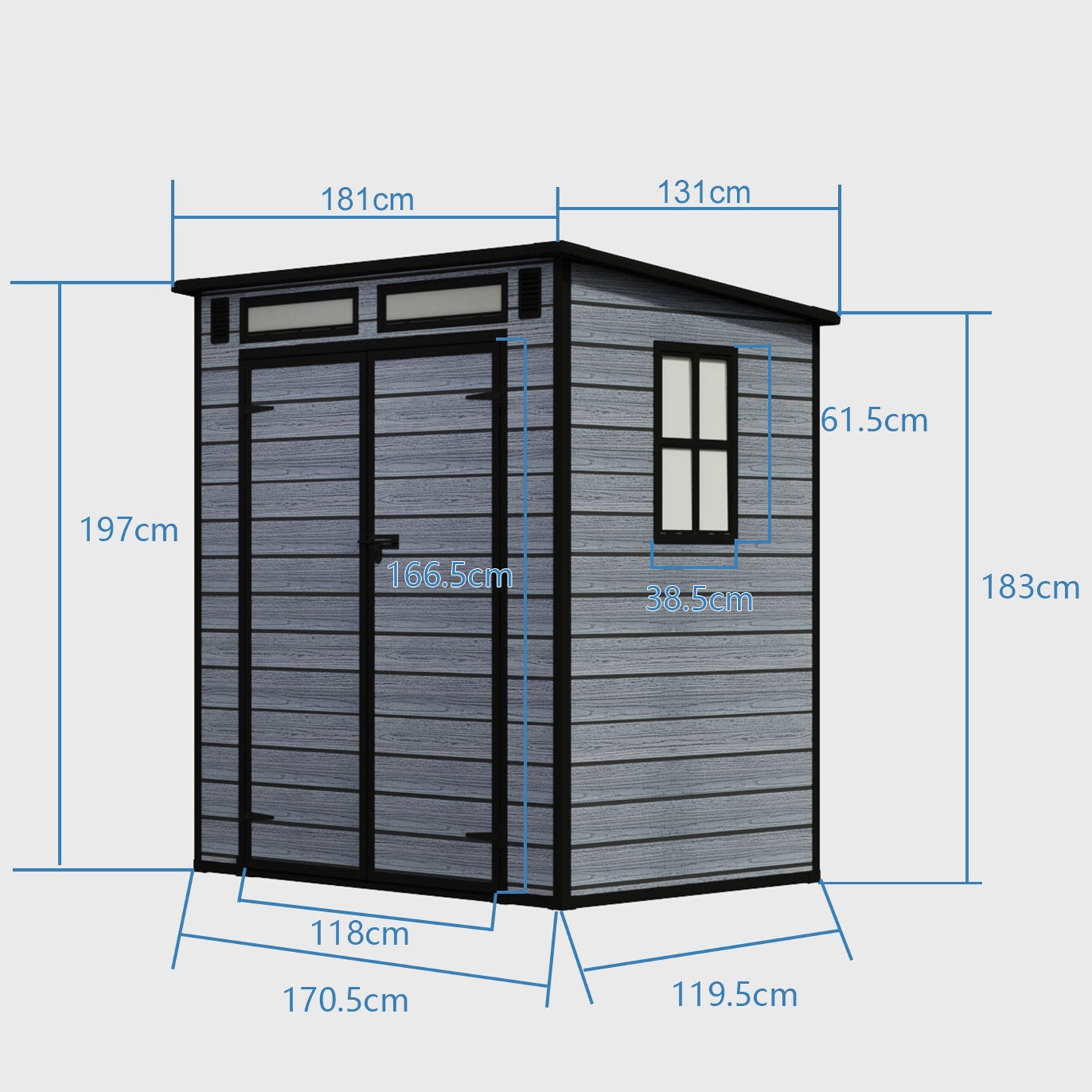 BIRCHTREE Plastic Garden Shed Wood Grain With Windows Grey