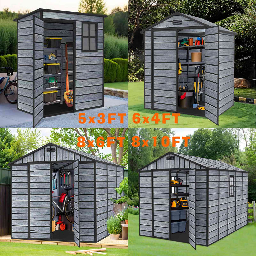 BIRCHTREE Plastic Garden Shed Wood Grain With Windows Grey