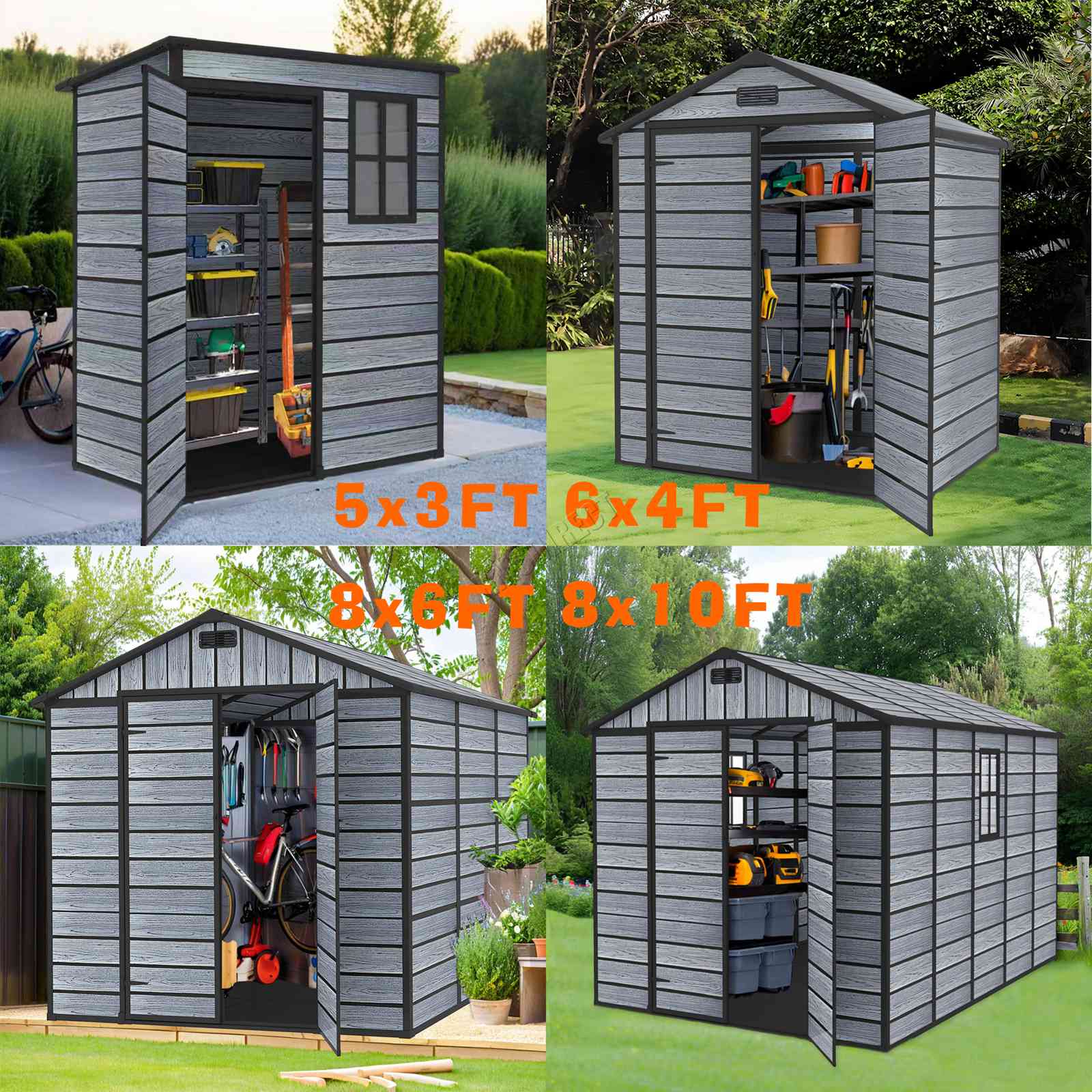 BIRCHTREE Plastic Garden Shed Wood Grain With Windows Grey