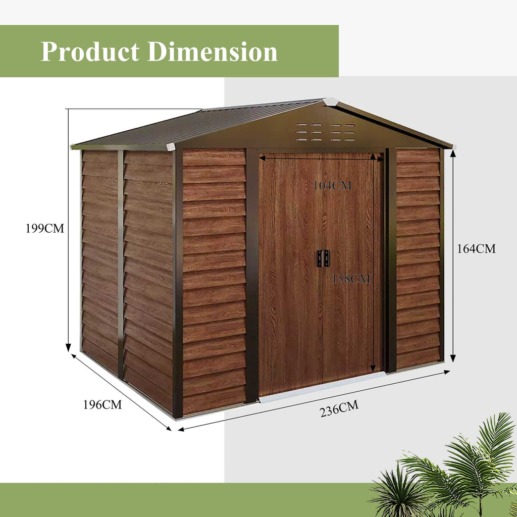 Wood grain steel shed with dimensions labeled on a white background