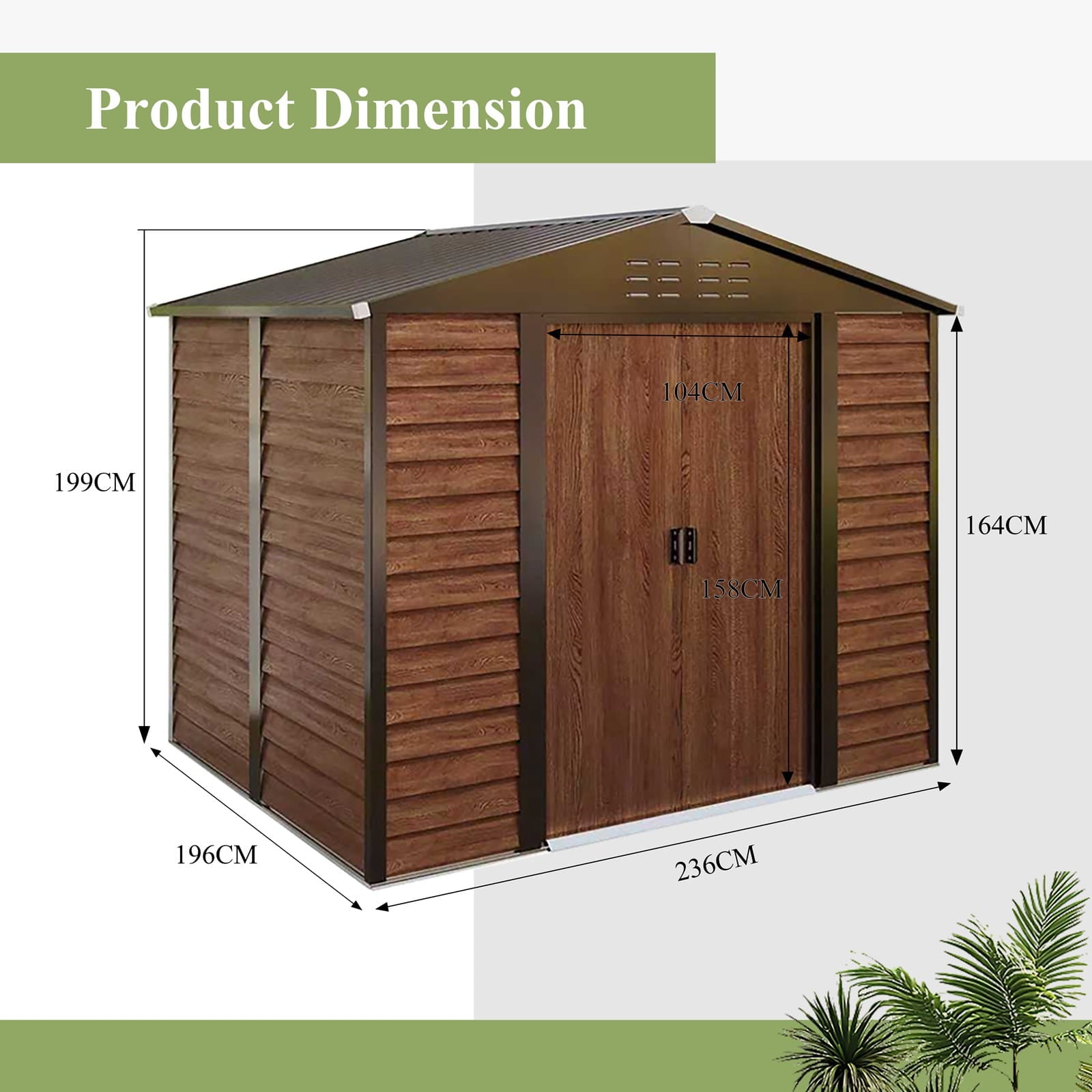 Wood grain steel shed with dimensions labeled on a white background