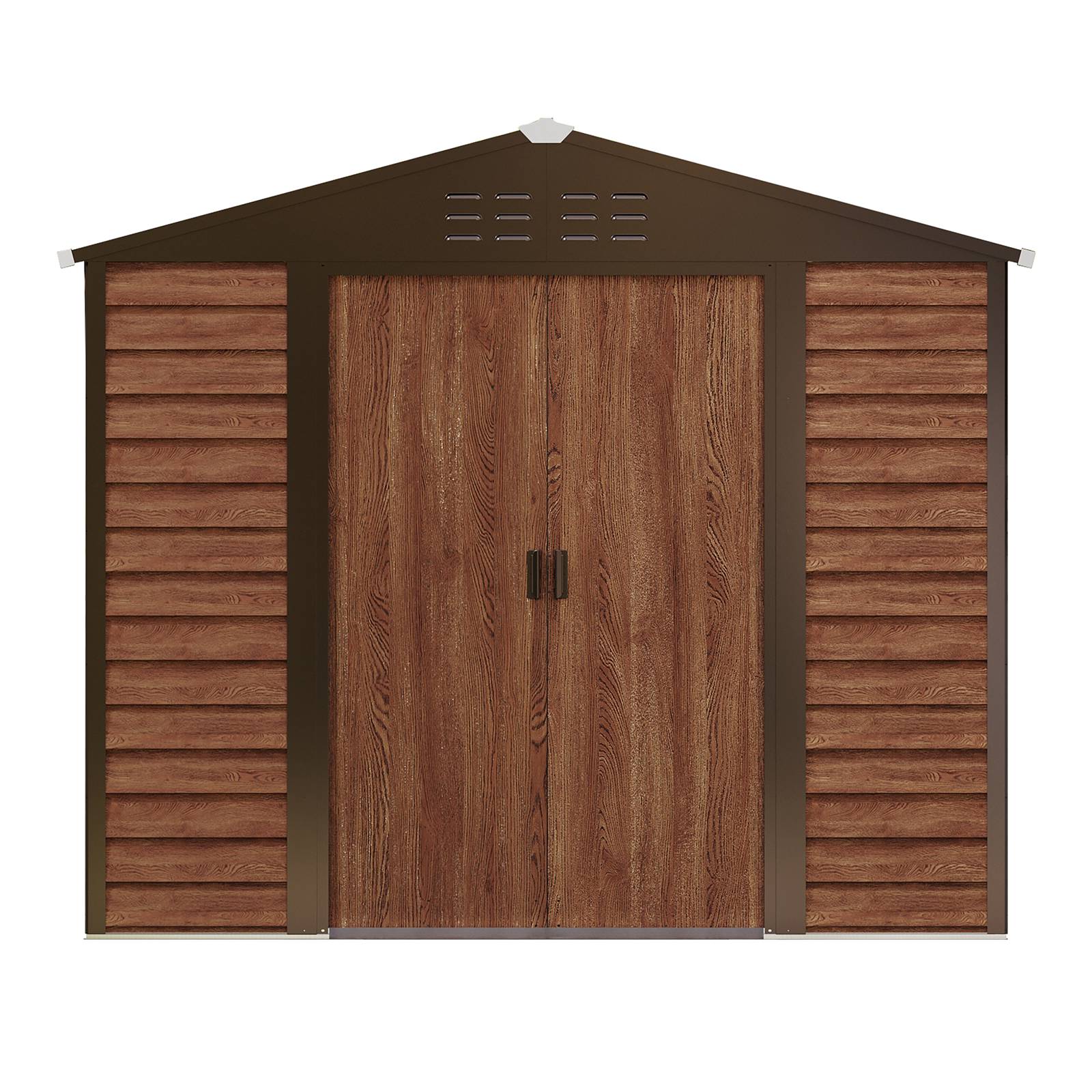 Wood grain storage steel shed with brown doors on a white background