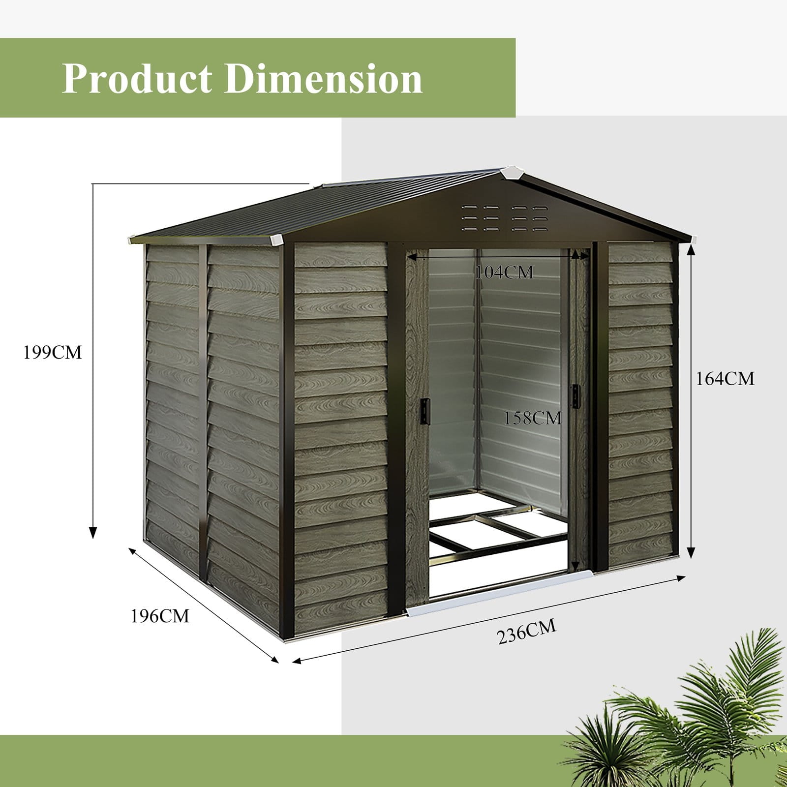 Dimensions of a wood grain finished steel shed with labeled measurements on a white background.