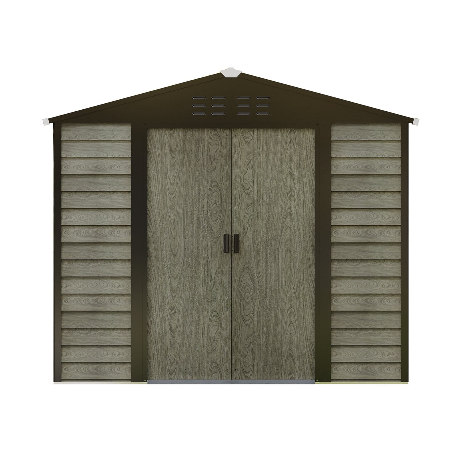 Wood grain storage steel shed with a brown roof on a white background