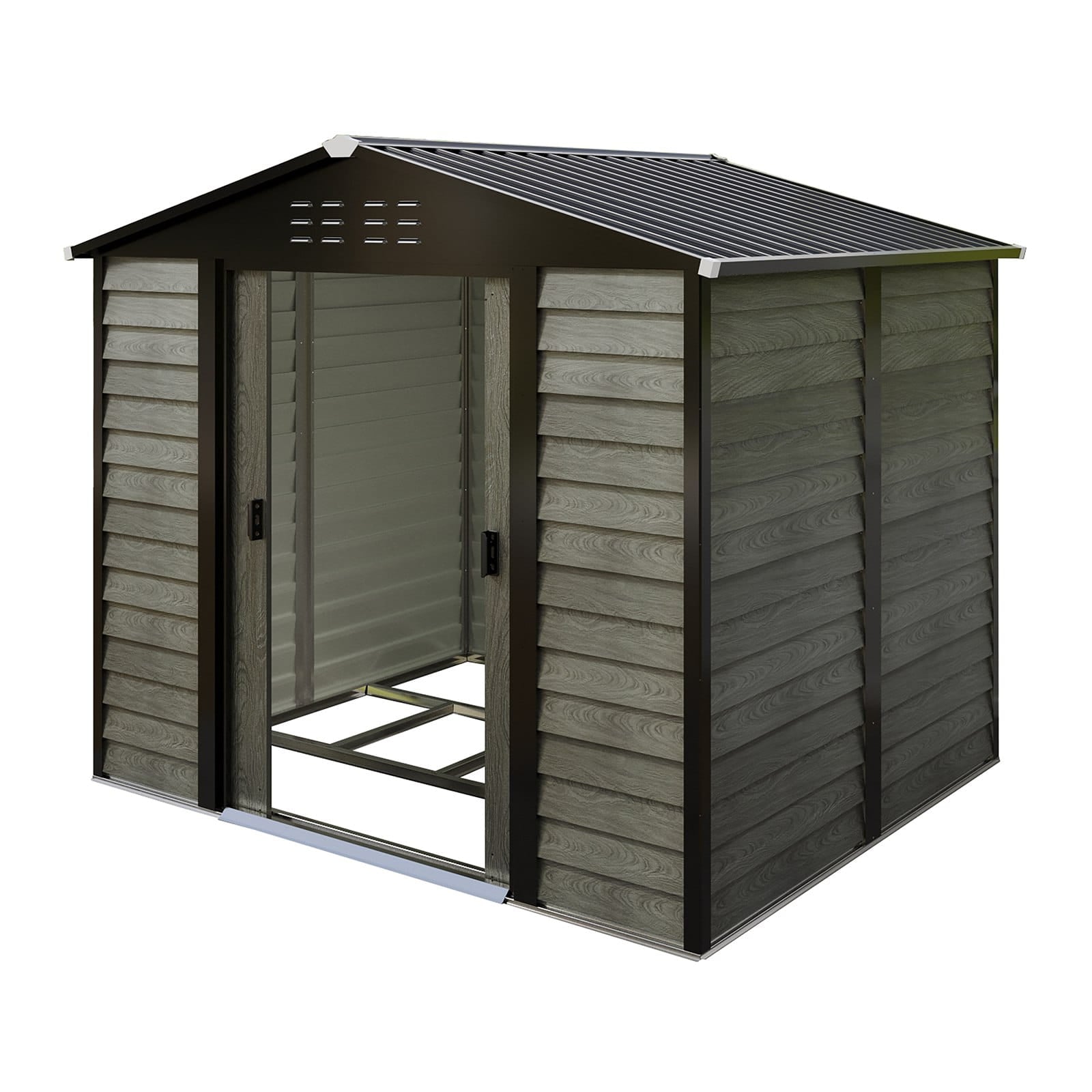 Wood grain finished steel shed with a dark roof on a white background