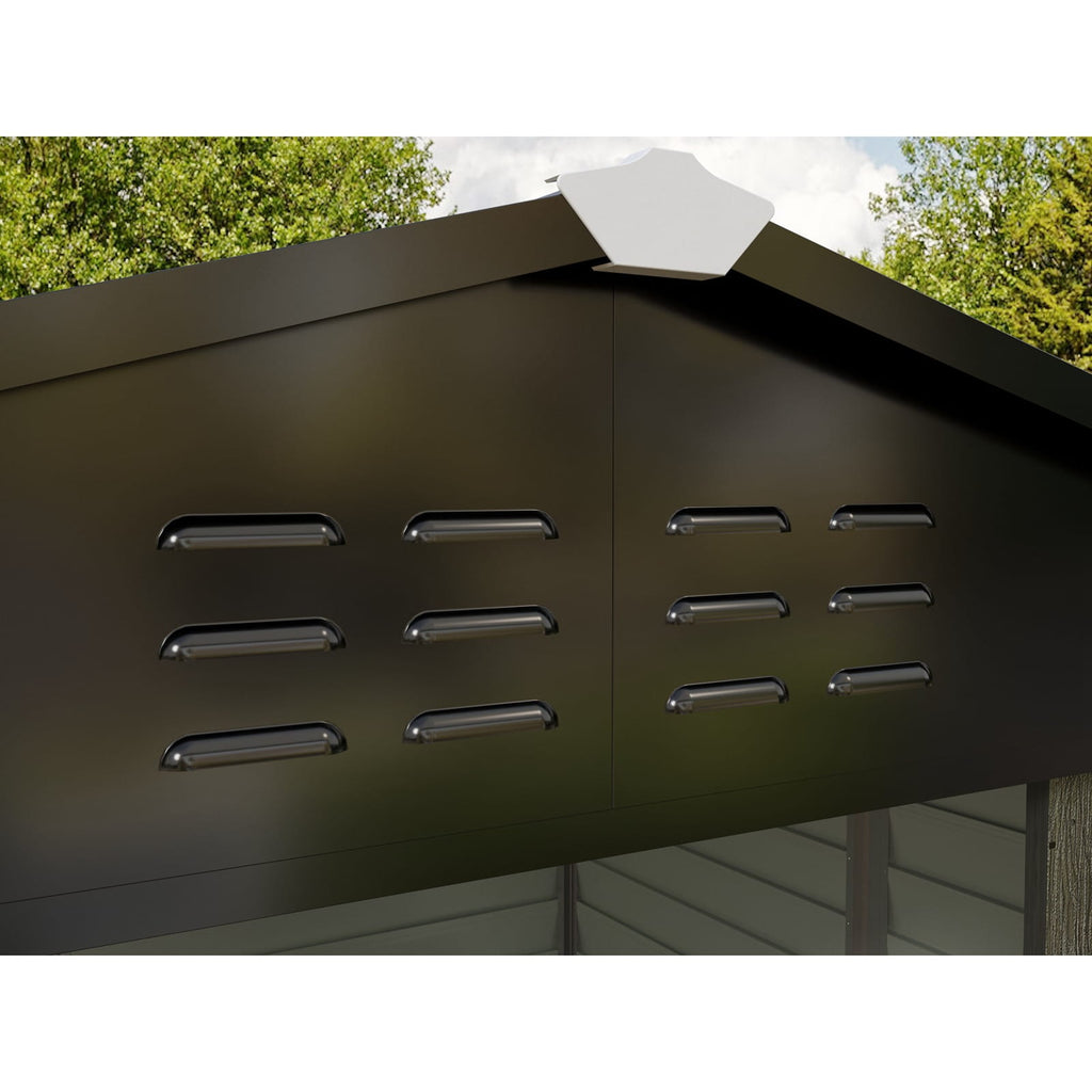 Metal roof with ventilation slits from a steel shed against a natural background
