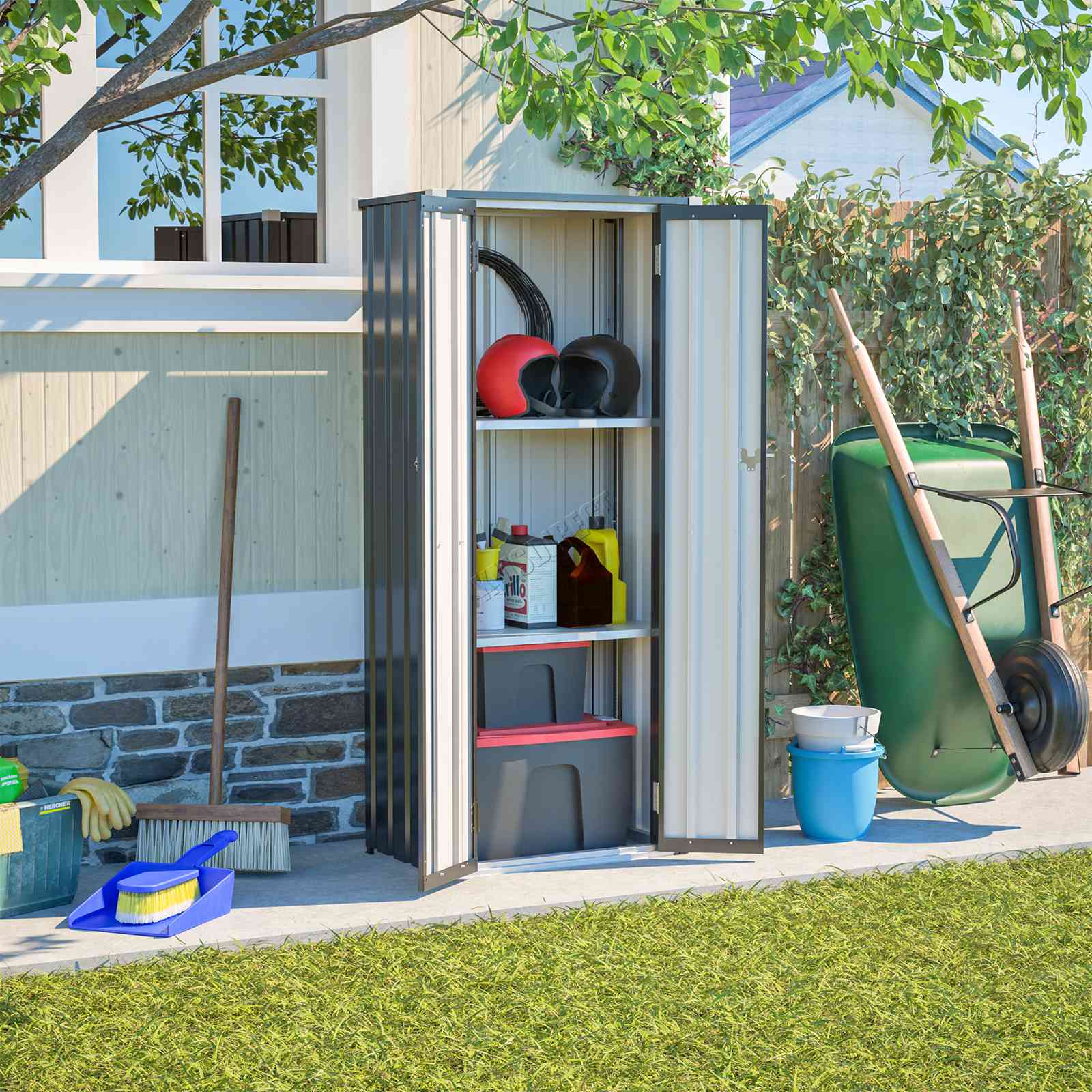BIRCHTREE Metal Garden Storage Box Weatherproof Cabinet with Shelves