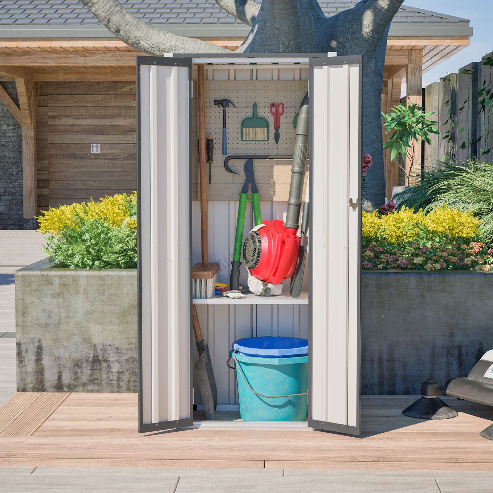BIRCHTREE Metal Garden Storage Box Weatherproof Cabinet with Shelves