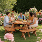 BIRCHTREE Wooden Picnic Table 8 Seater Pub Bench Round furniture Garden Patio