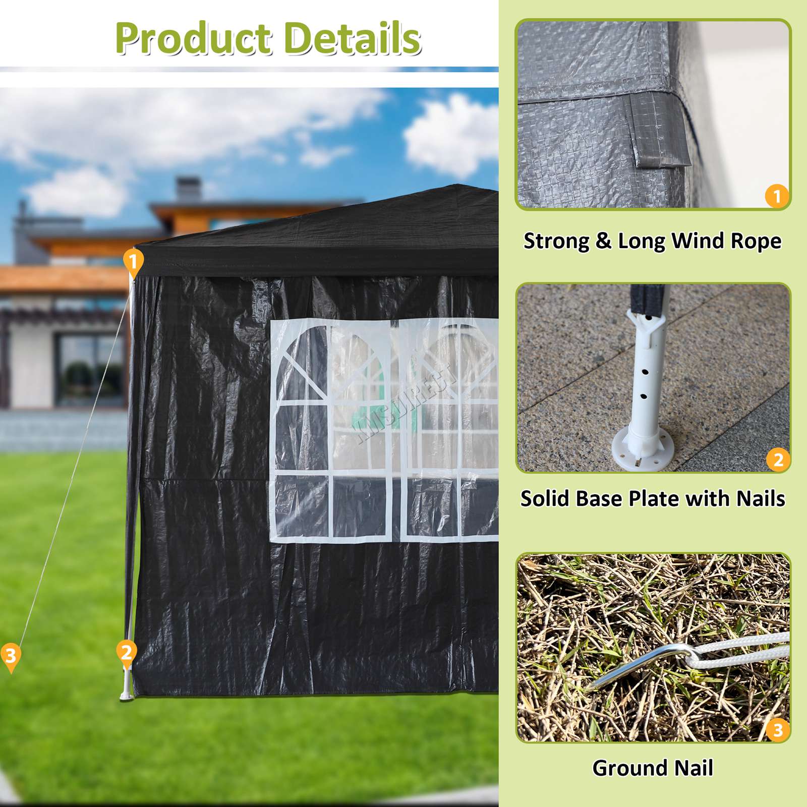 BIRCHTREE Gazebo PE 3x3m Tent With 4 Walls Canopy