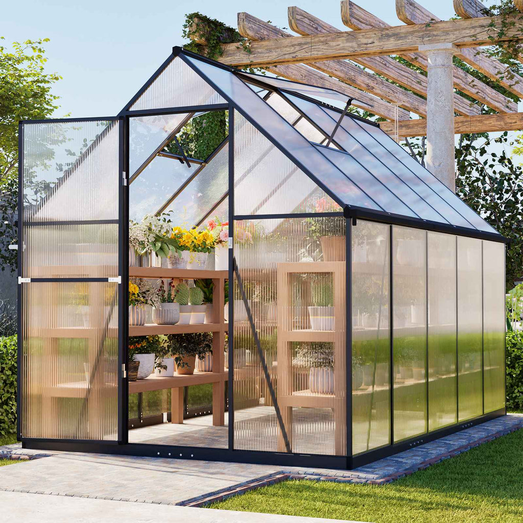 BIRCHTREE Garden Polycarbonate Greenhouse Walk-In Aluminium Frame