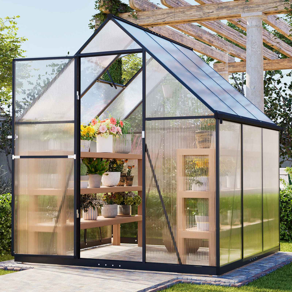 BIRCHTREE Garden Polycarbonate Greenhouse Walk-In Aluminium Frame