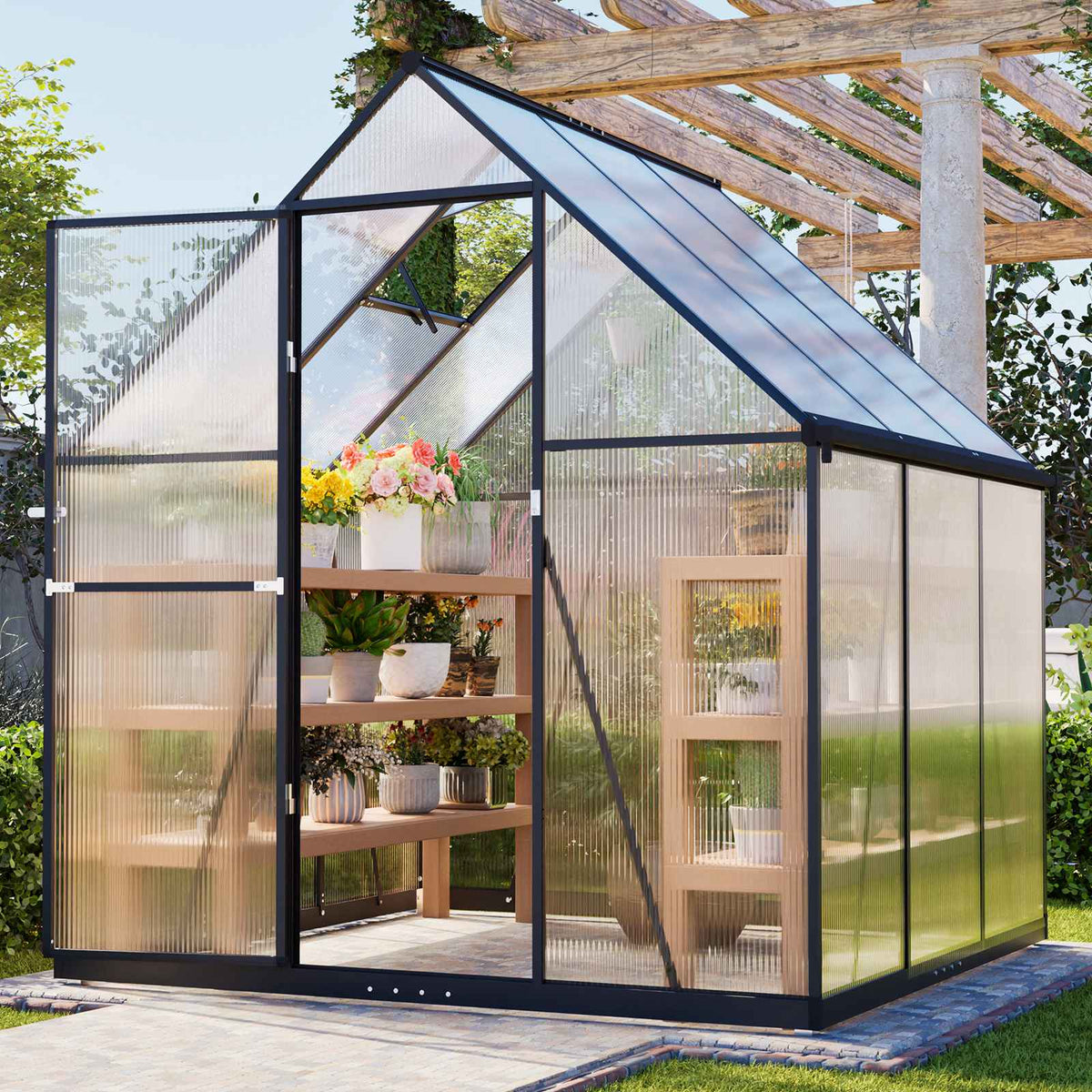 BIRCHTREE Garden Polycarbonate Greenhouse Walk-In Aluminium Frame