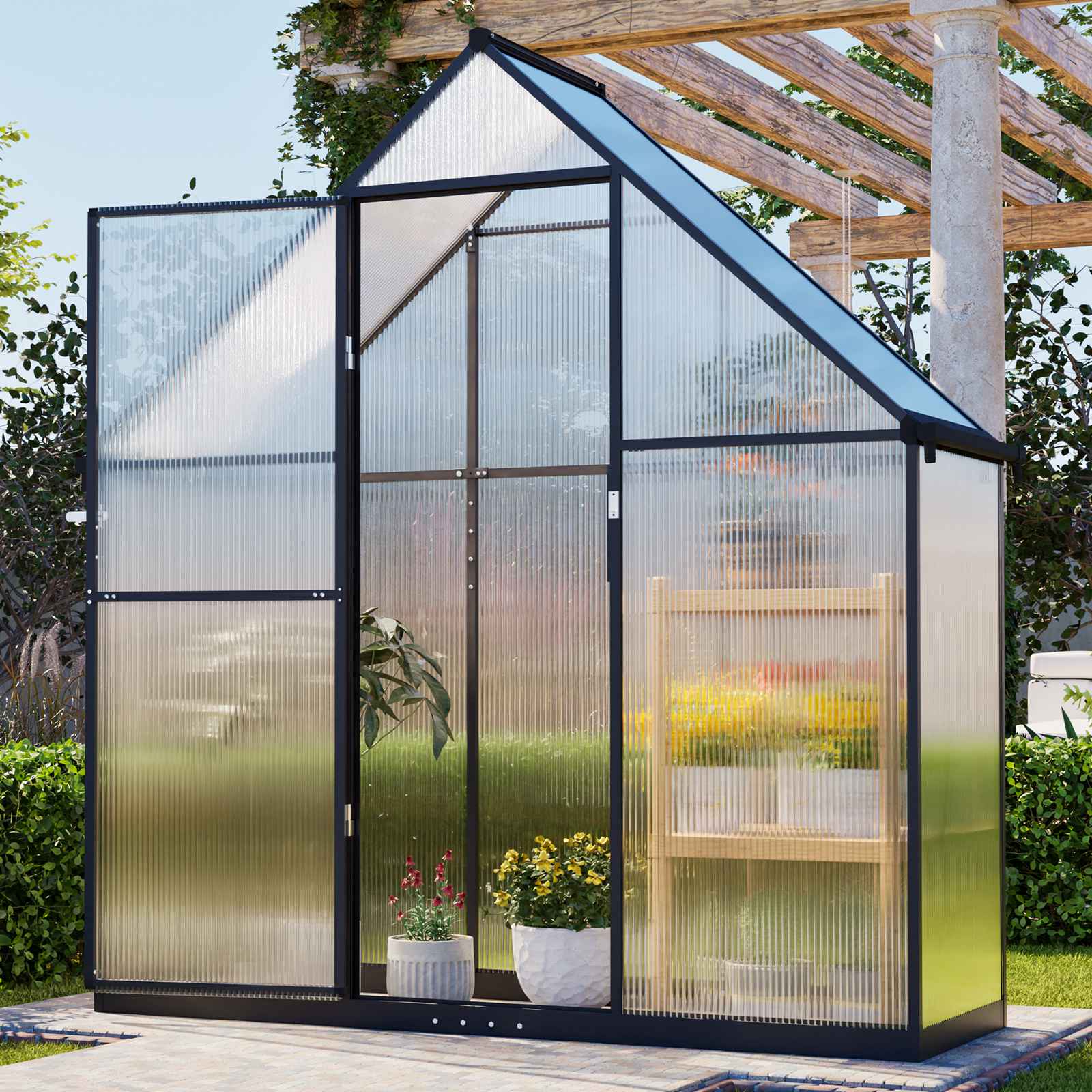 BIRCHTREE Garden Polycarbonate Greenhouse Walk-In Aluminium Frame