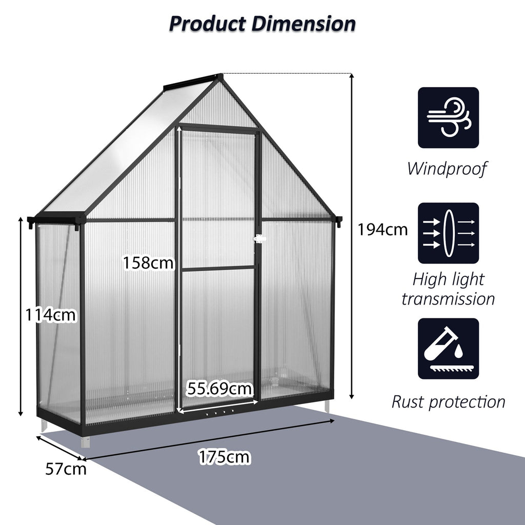 BIRCHTREE Garden Polycarbonate Greenhouse Walk-In Aluminium Frame