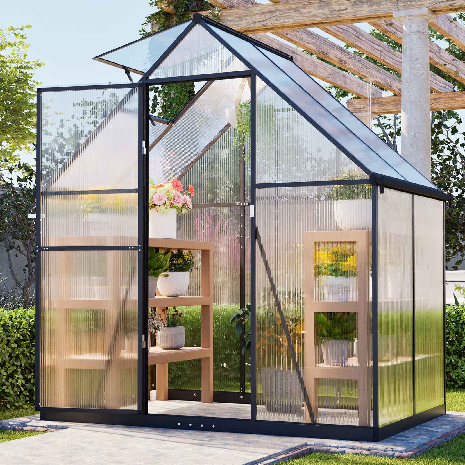 BIRCHTREE Garden Polycarbonate Greenhouse Walk-In Aluminium Frame