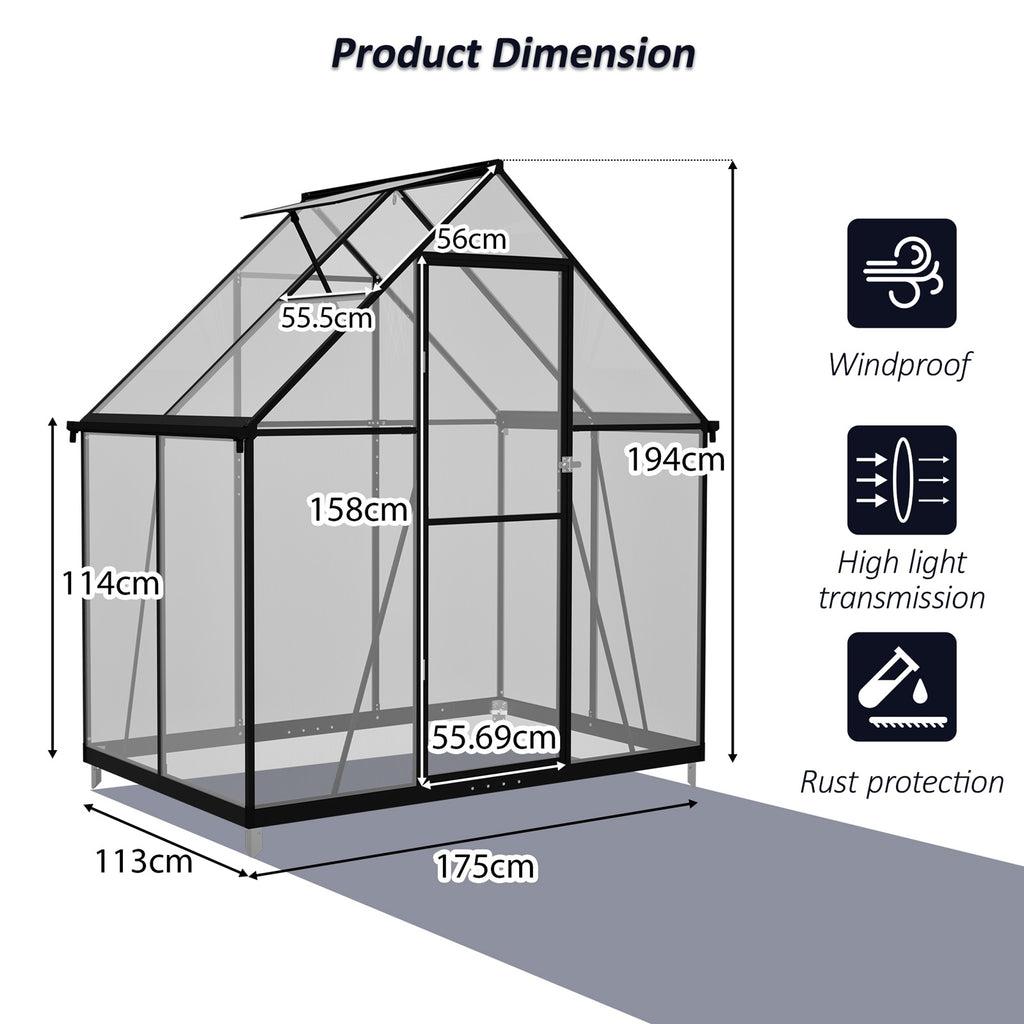 BIRCHTREE Garden Polycarbonate Greenhouse Walk-In Aluminium Frame
