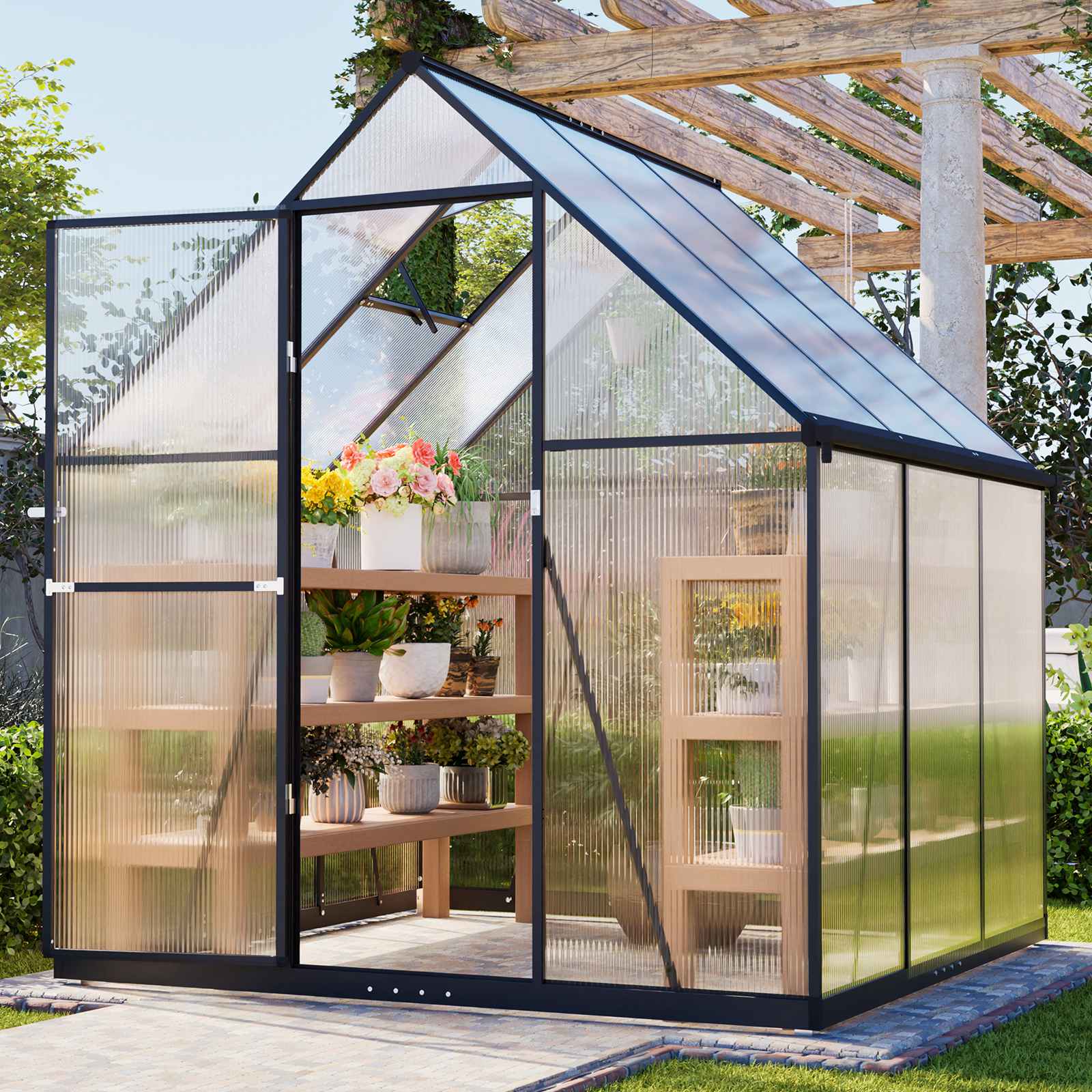 BIRCHTREE Garden Polycarbonate Greenhouse Walk-In Aluminium Frame