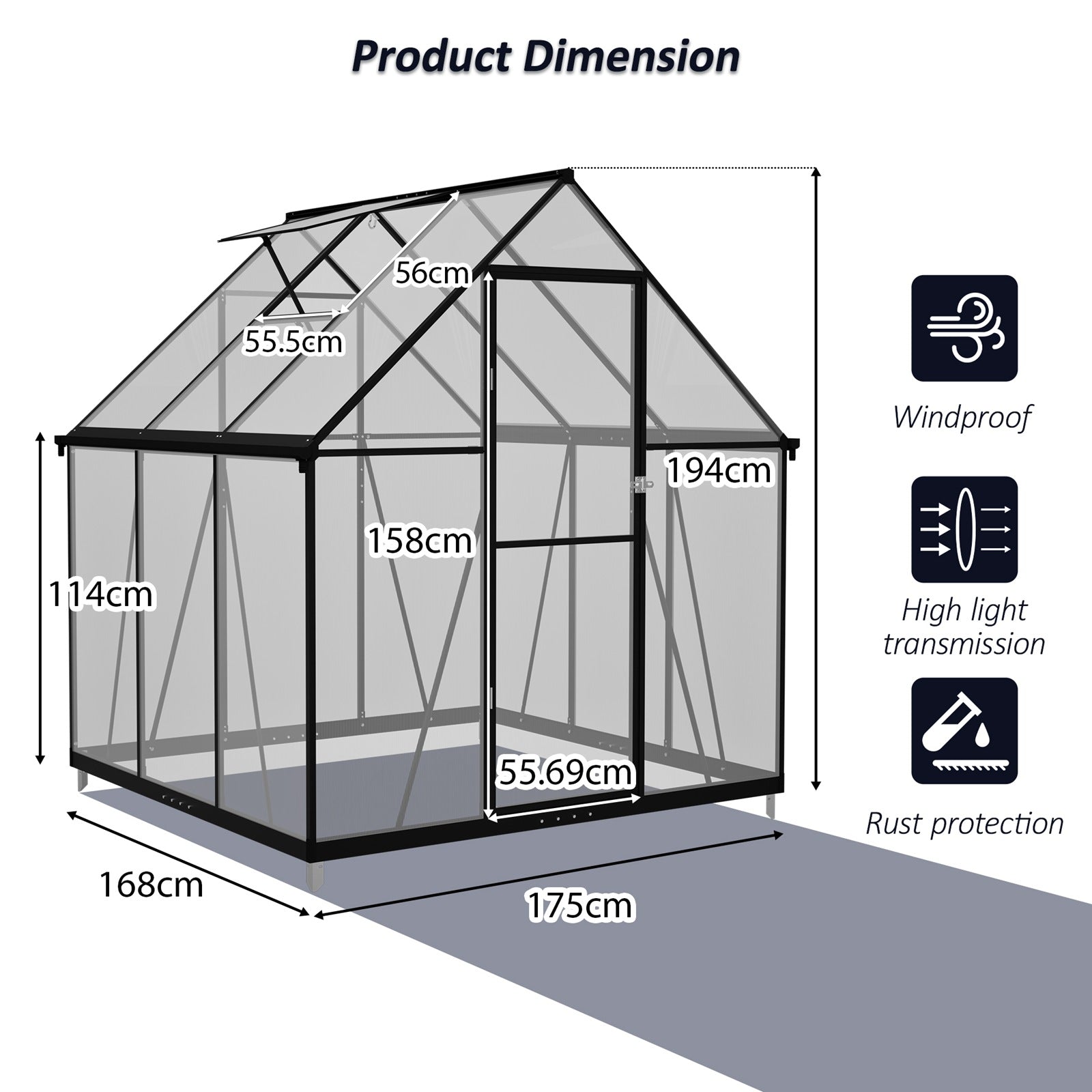 BIRCHTREE Garden Polycarbonate Greenhouse Walk-In Aluminium Frame