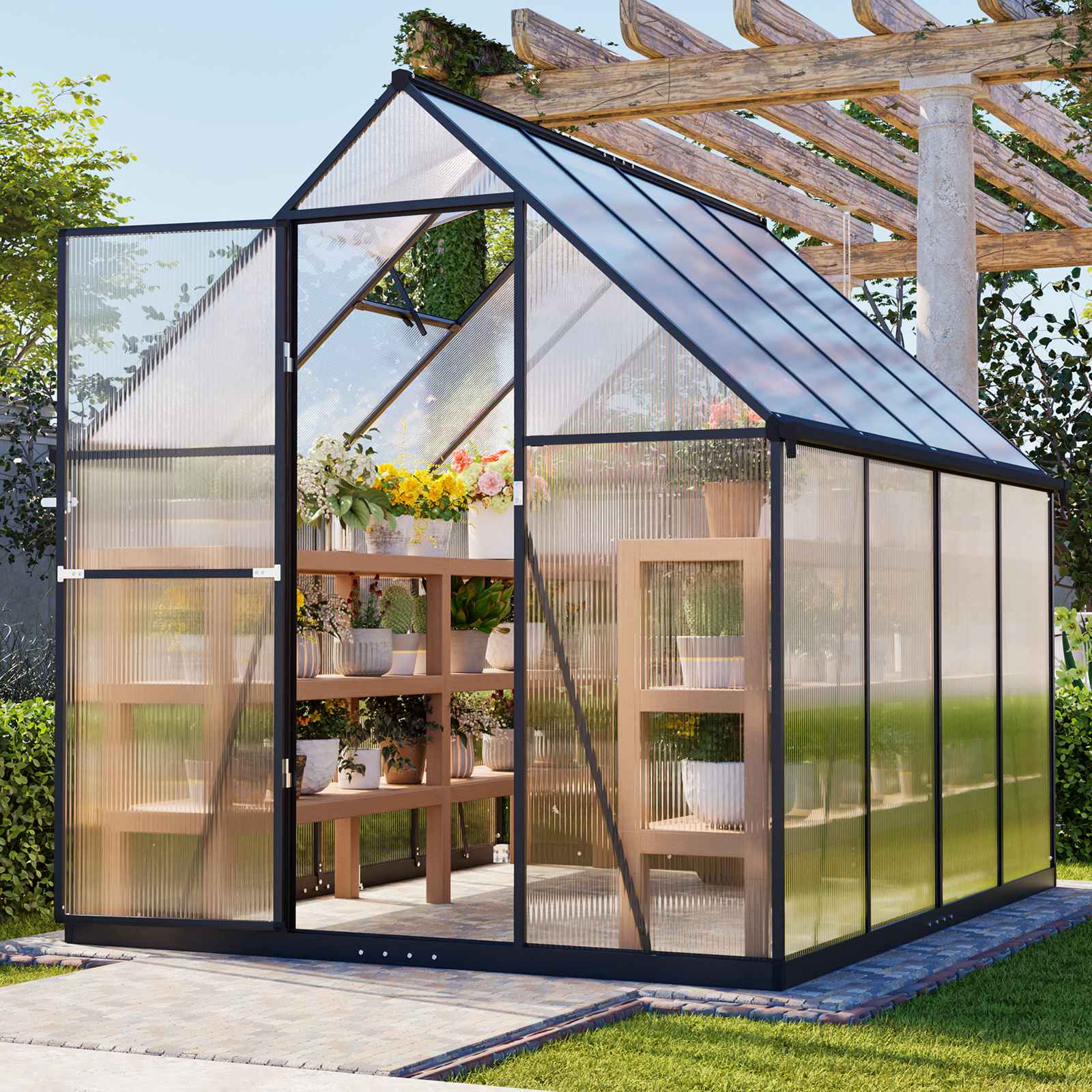 BIRCHTREE Garden Polycarbonate Greenhouse Walk-In Aluminium Frame