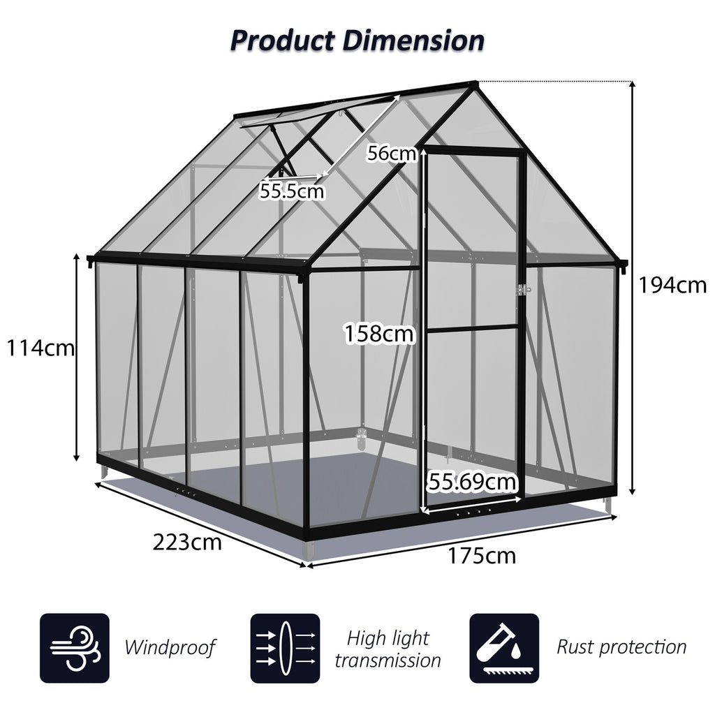 BIRCHTREE Garden Polycarbonate Greenhouse Walk-In Aluminium Frame