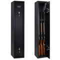 Black steel gun cabinet showing three shotguns with another shut showing two keys.