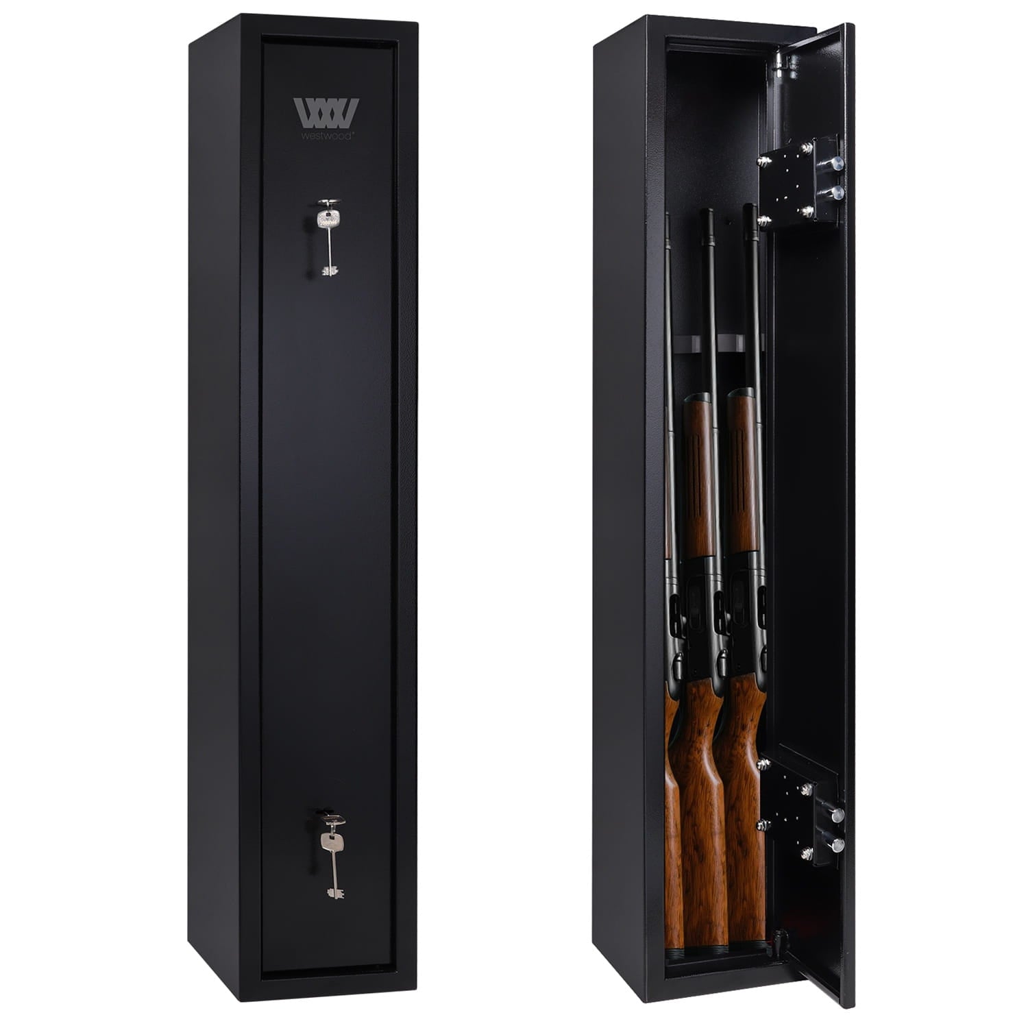 Black steel gun cabinet showing three shotguns with another shut showing two keys.