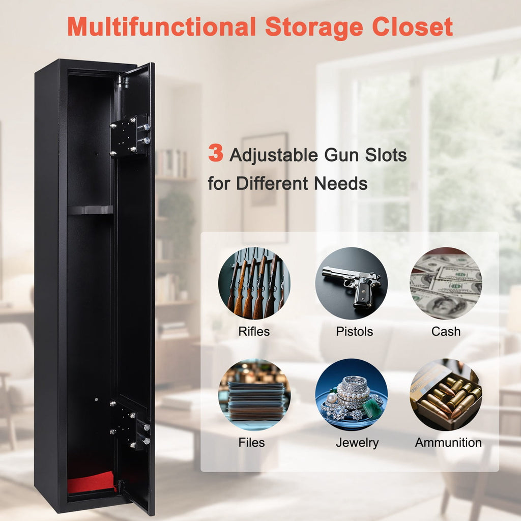 Multifunctional gun cabinet with adjustable gun slots for rifles, pistols, cash, files, jewelry, and ammunition.