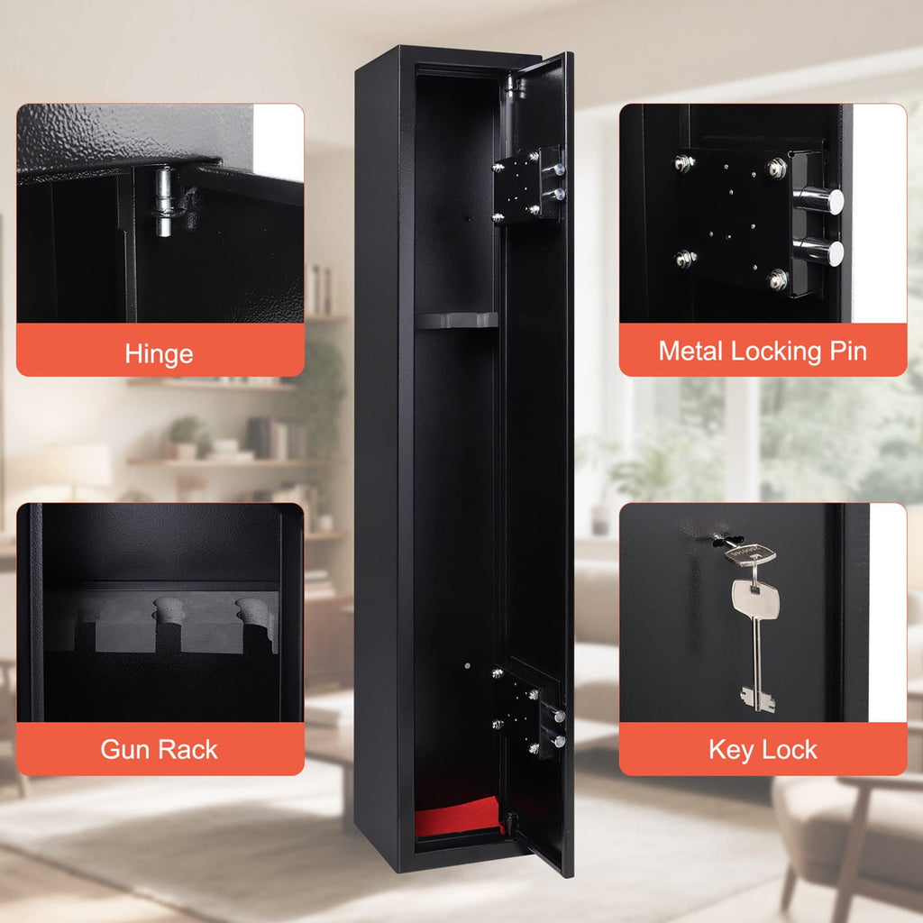 Black gun cabinet with labeled parts on a blurred background