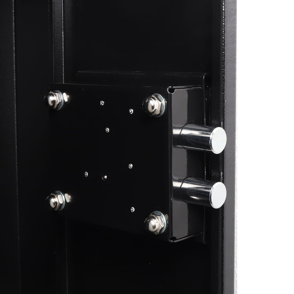 Close-up of a black gun cabinet door with metallic latches on a white background