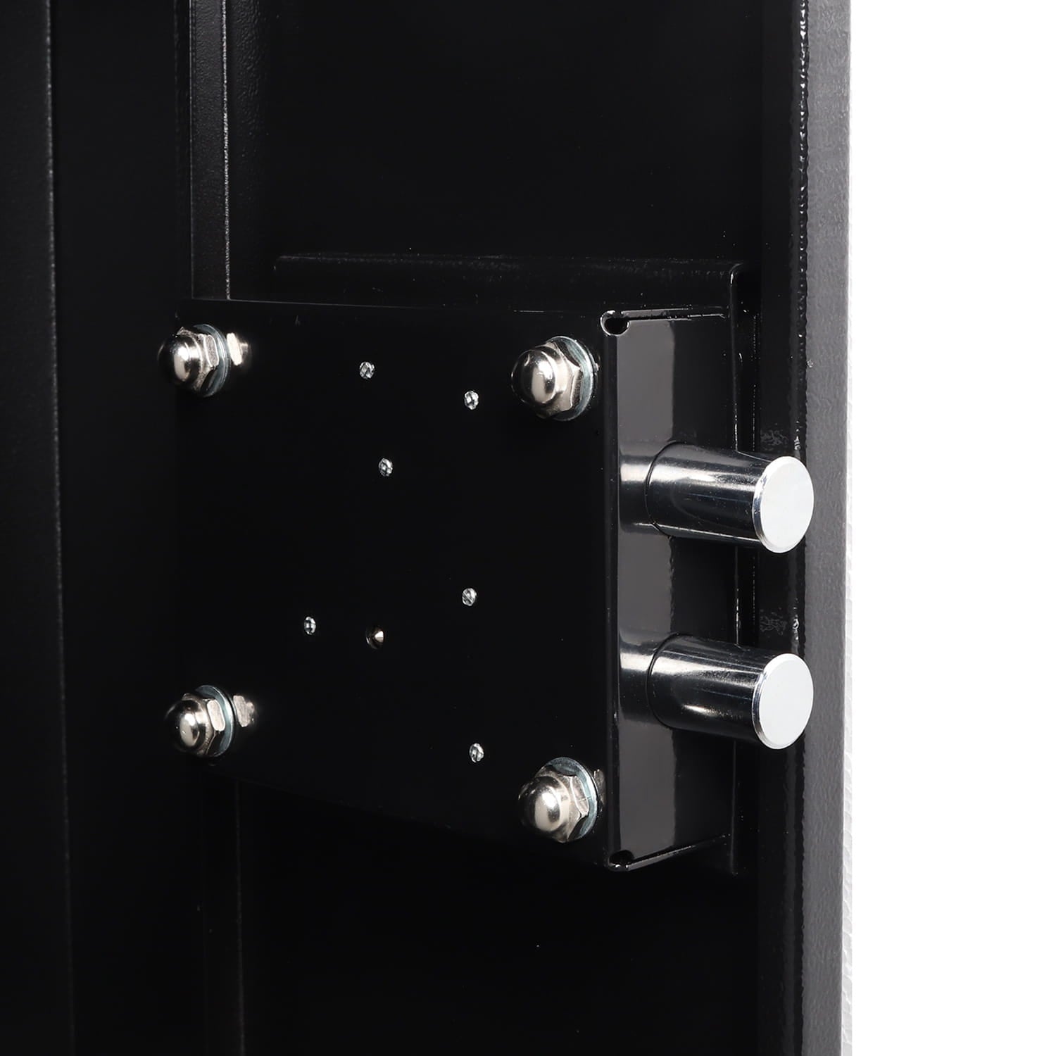 Close-up of a black gun cabinet door with metallic latches on a white background