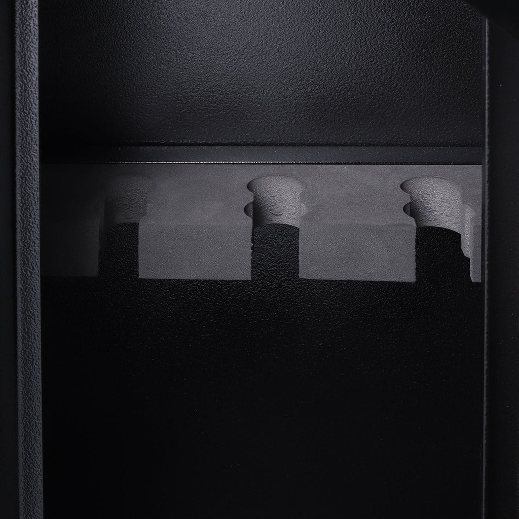 Black and white abstract art with geometric shapes on a textured black background showing features of a gun cabinet