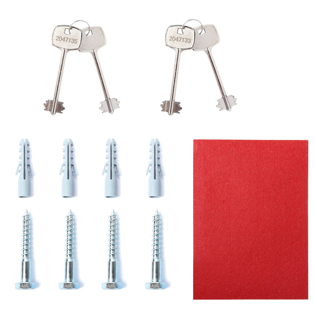 Two keys with keychains and eight screws on a white background with a red square corner.