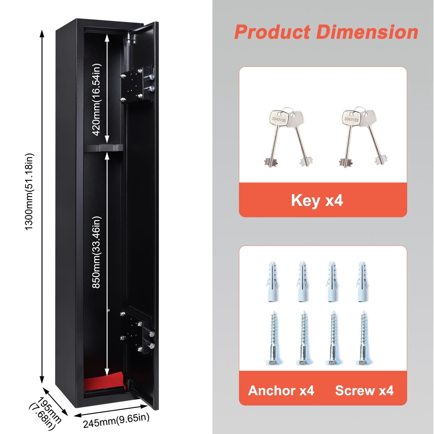 Product dimensions and accessories of gun cabinet displayed on a grey background