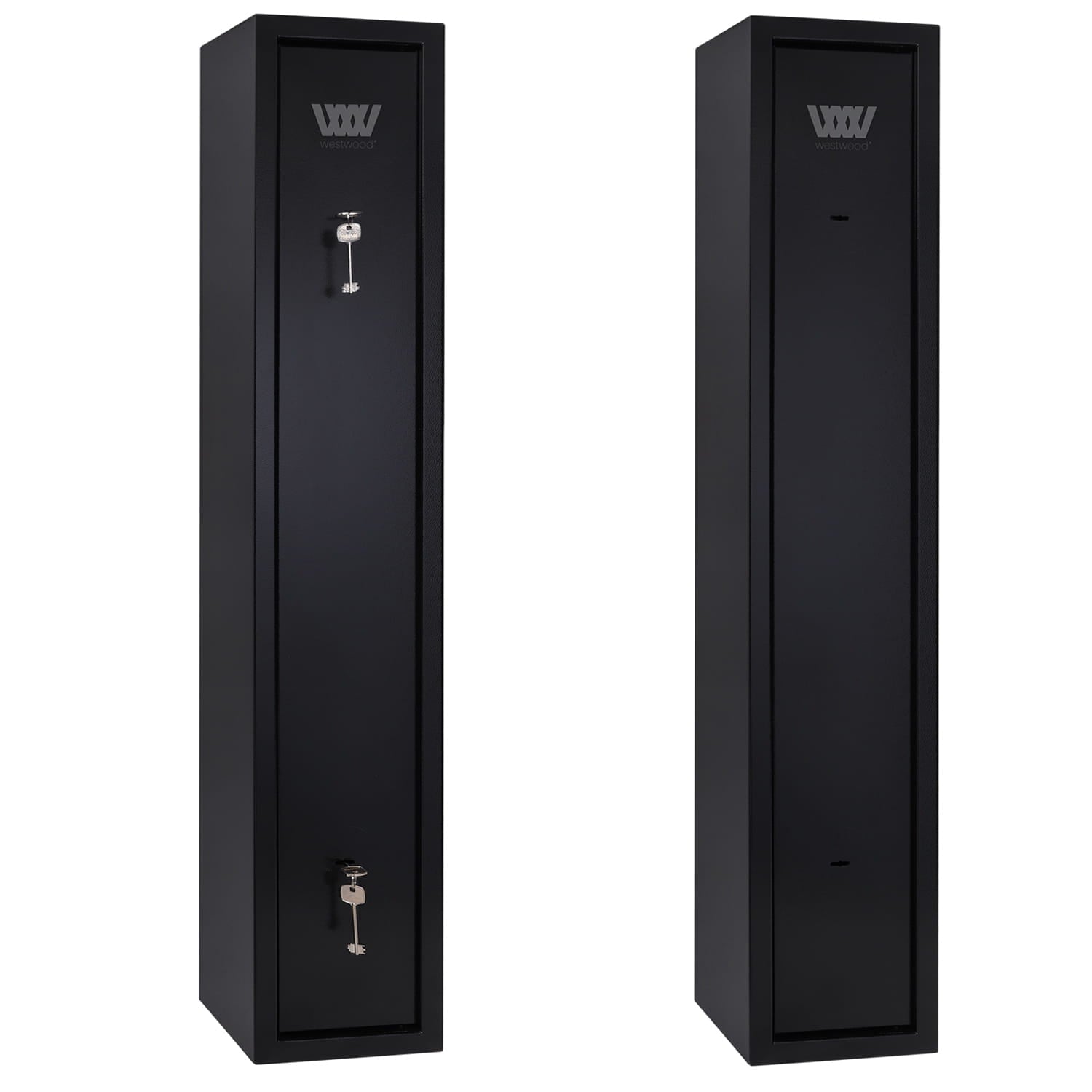 Two black gun cabinet with visible logos on a white background