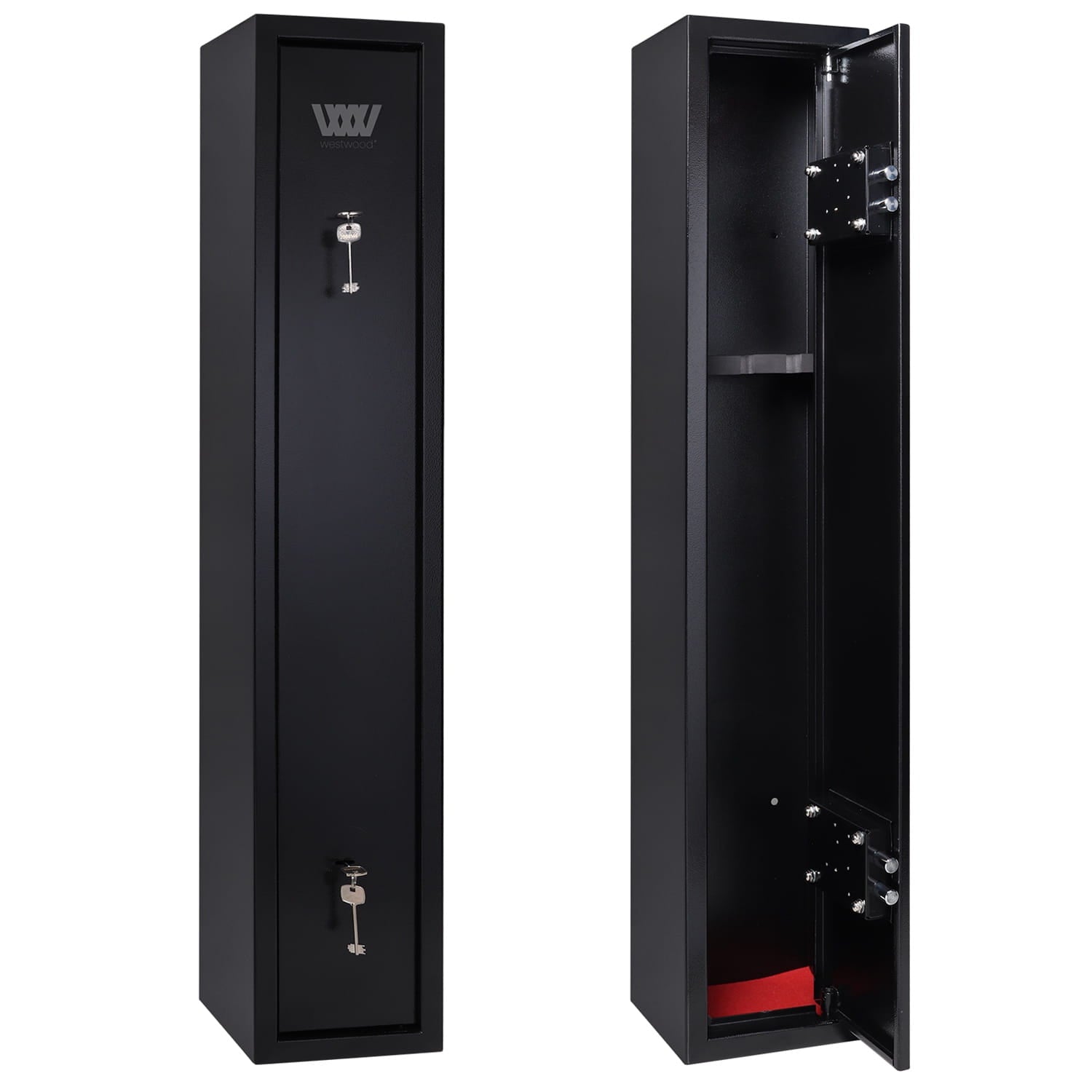 Black gun cabinet with open door showing interior compartments on a white background