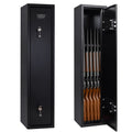 Black gun cabinet with rifles inside, featuring a visible brand logo on a white background.