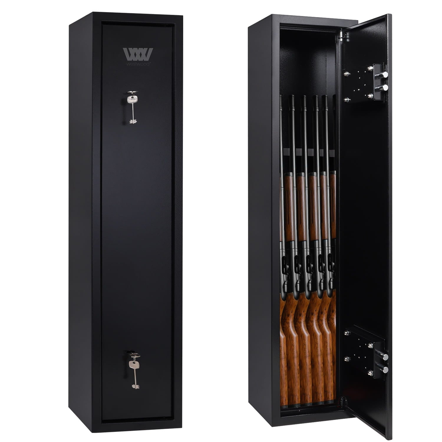 Black gun cabinet with rifles inside, featuring a visible brand logo on a white background.