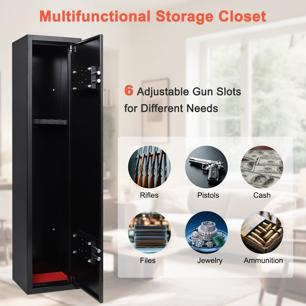Multifunctional gun cabinet with 6 adjustable gun slots for different needs, shown in a room setting.
