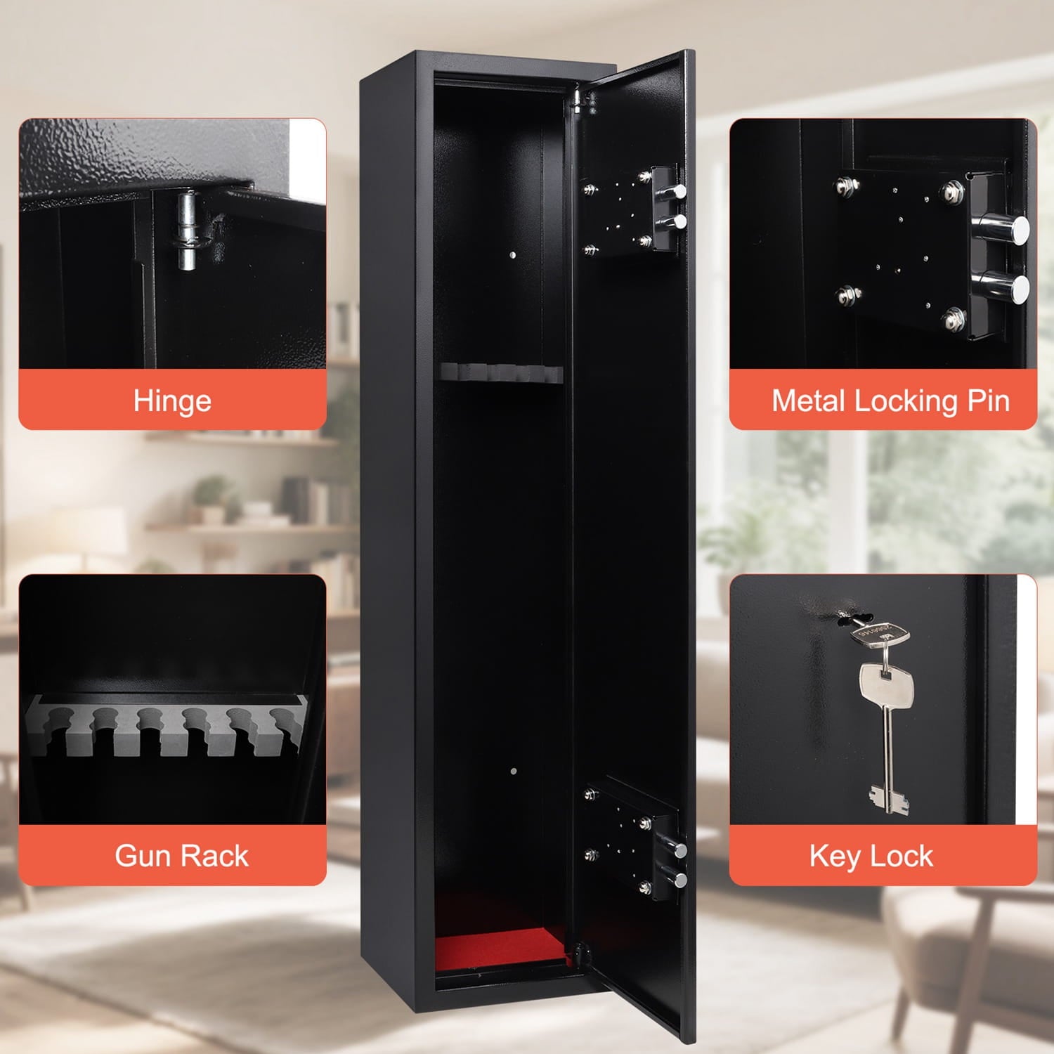 Black gun cabinet with labeled parts on a blurred background