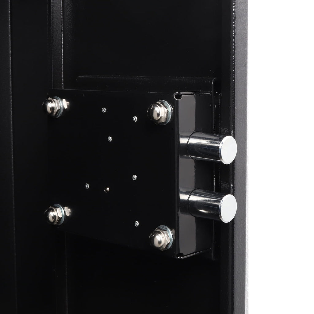 Close-up of a black door with metallic handles and lock details.