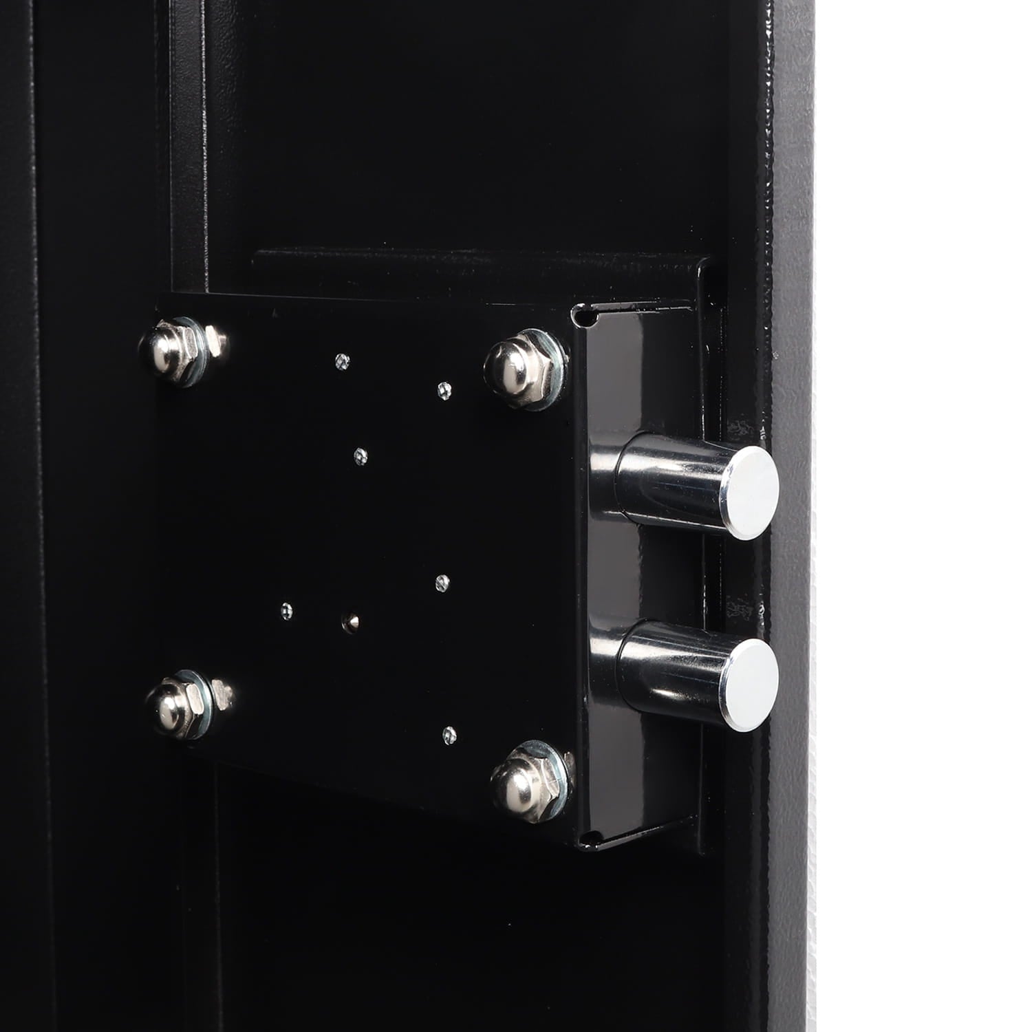 Close-up of a black door with metallic handles and lock details.
