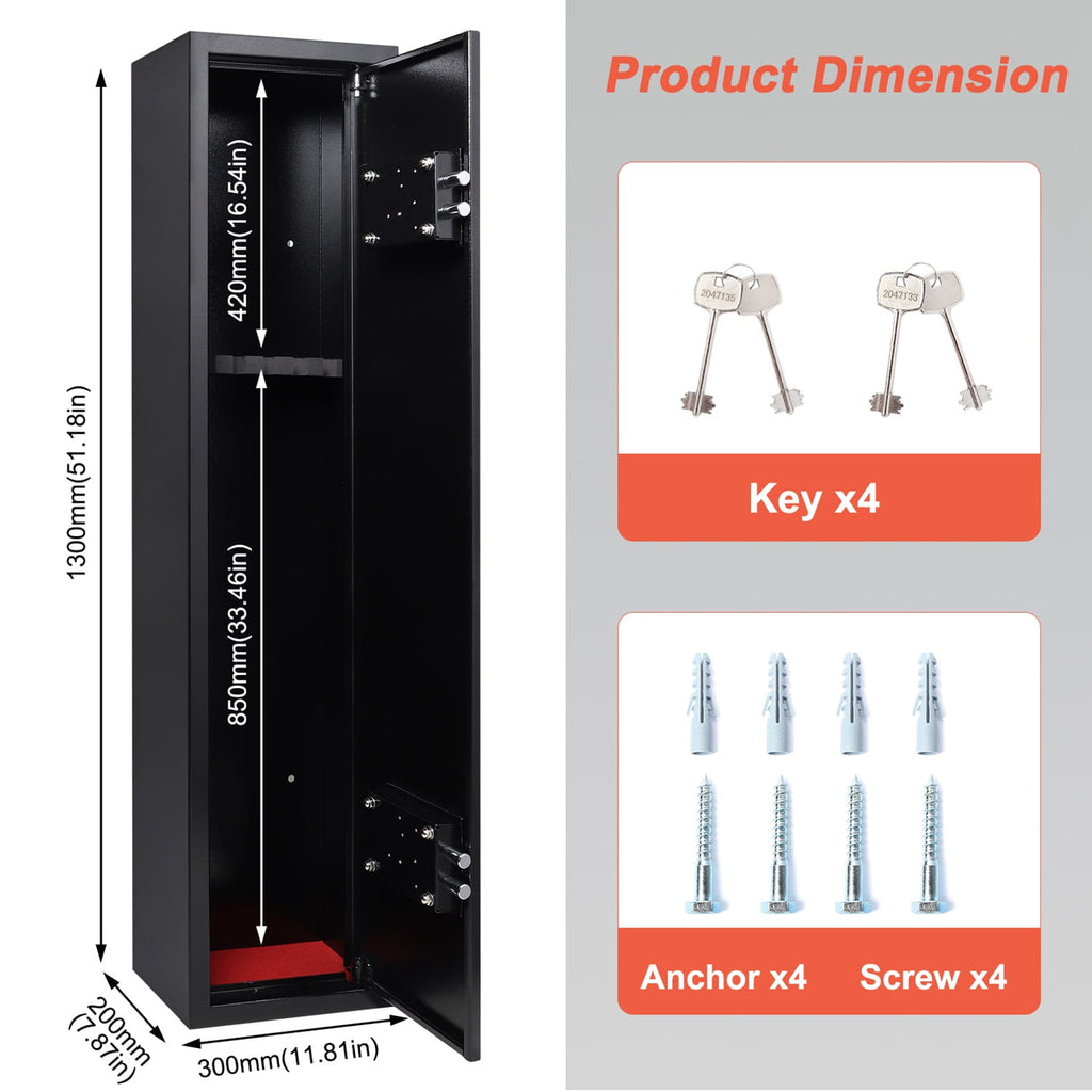 Black gun cabinet with dimensions and key, anchor, and screw packaging on the right.