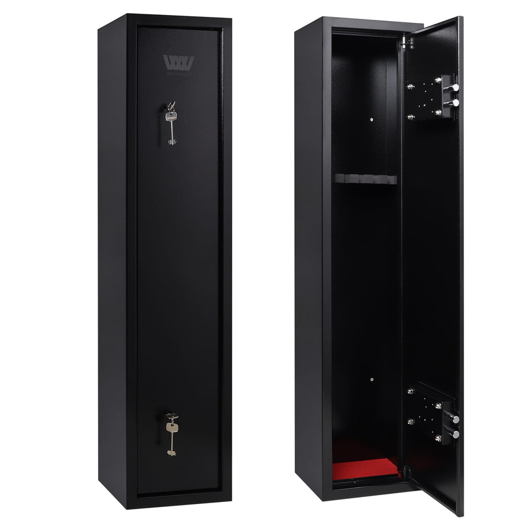 Black gun cabinet with one door closed and the other open, displaying interior compartments.